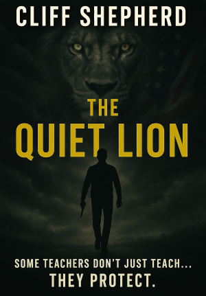 Book cover for The Quiet Lion by Cliff Shepherd , the silhouette of man and lions head