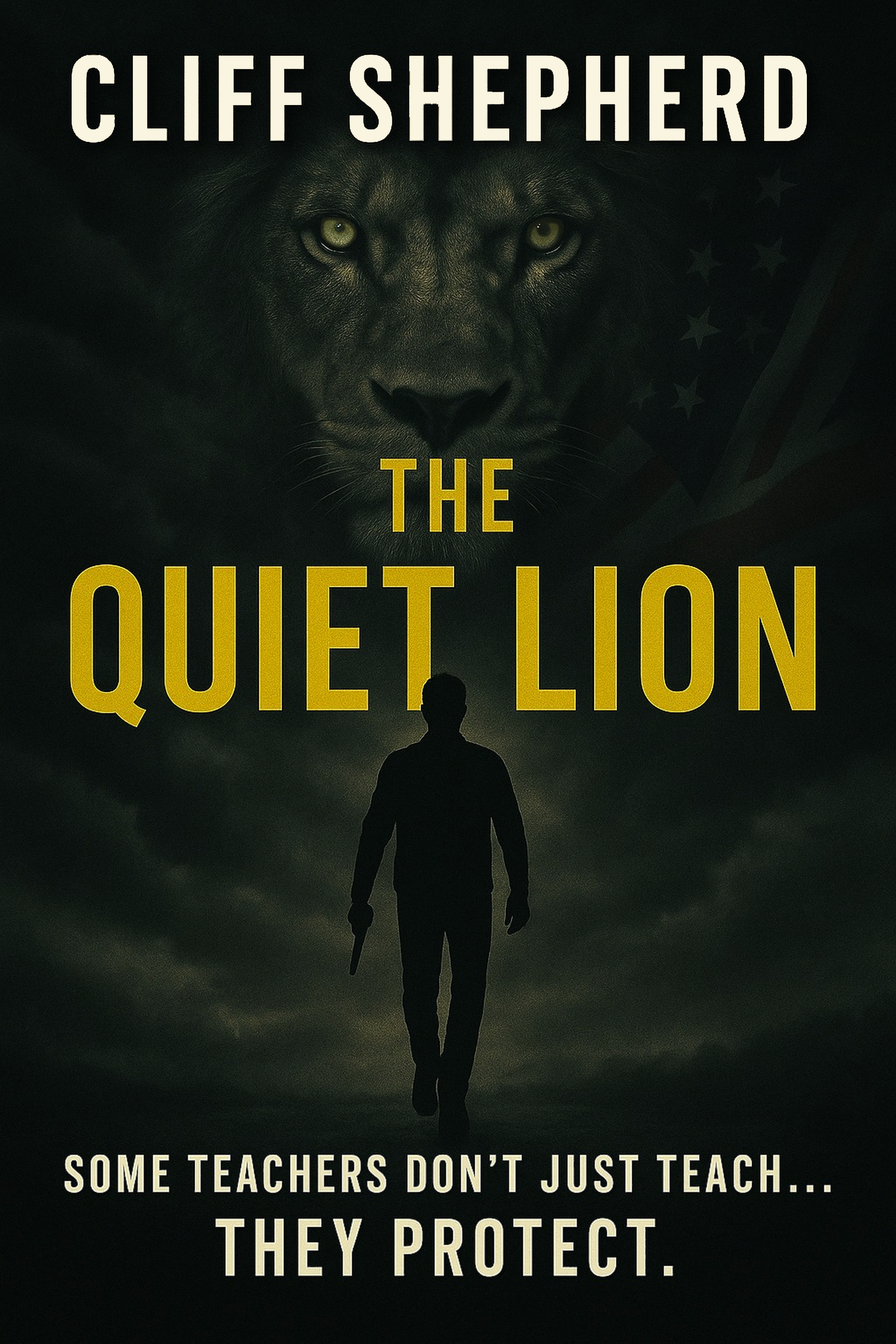 Book cover for The Quiet Lion by Cliff Shepherd , the silhouette of man and lions head